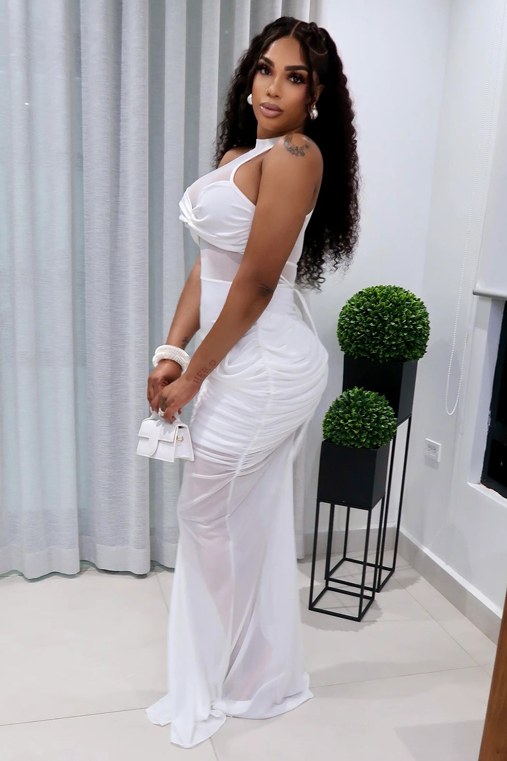 Halter Neck Semi-Sheer Patchwork Ruched Gowns Maxi Dresses-White