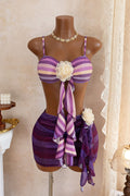 3D Flower Decor Sash Striped Cami Bikini Mini Skirt Swimsuit 3pcs Set-Purple