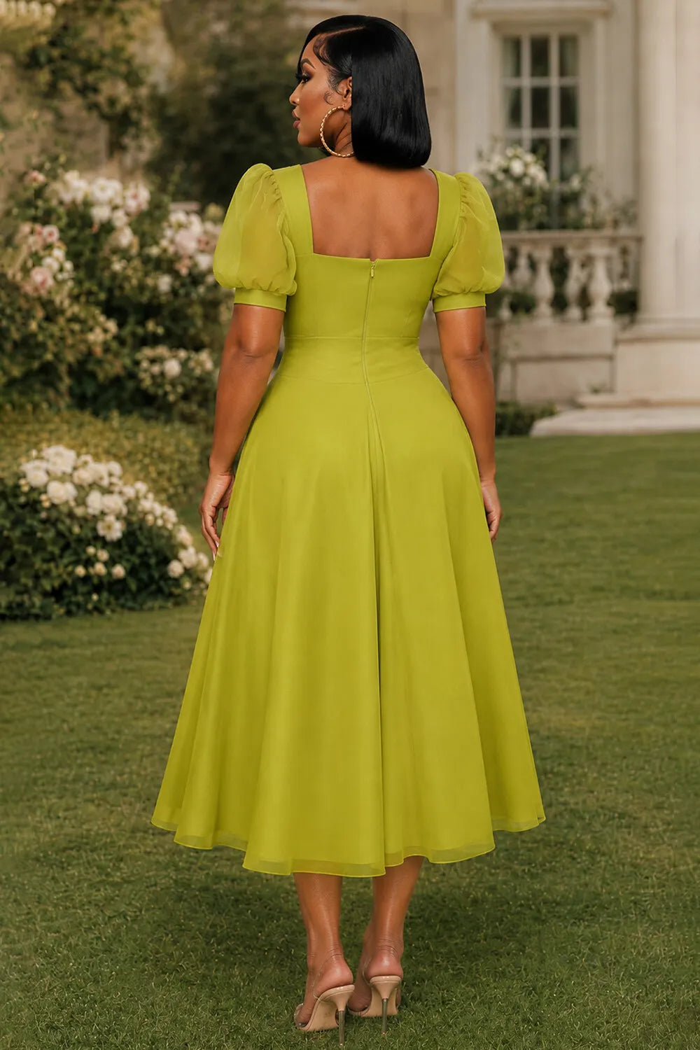 Square Neck Puff Sleeve Cinch Waist Ruffle Hem Midi Dresses-Green