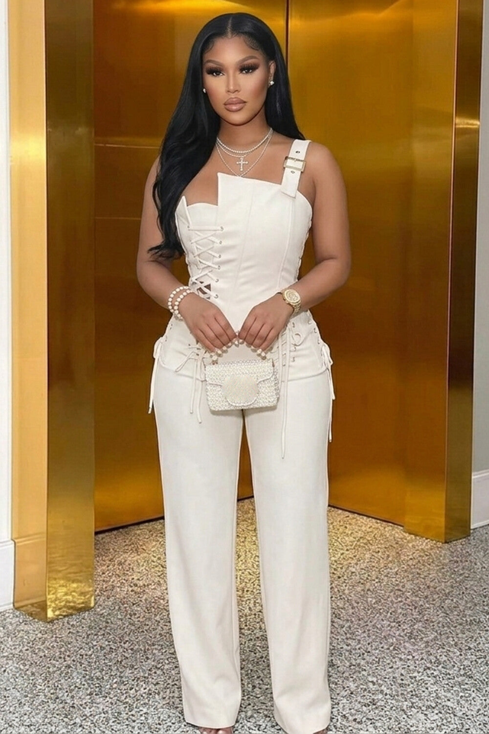 Wide Straps Tie Up Solid Color Slim Fit Casual Jumpsuit-Beige