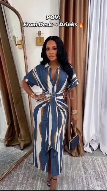 Collar Short Sleeve Ruched Sash Casual Maxi Dresses-Blue