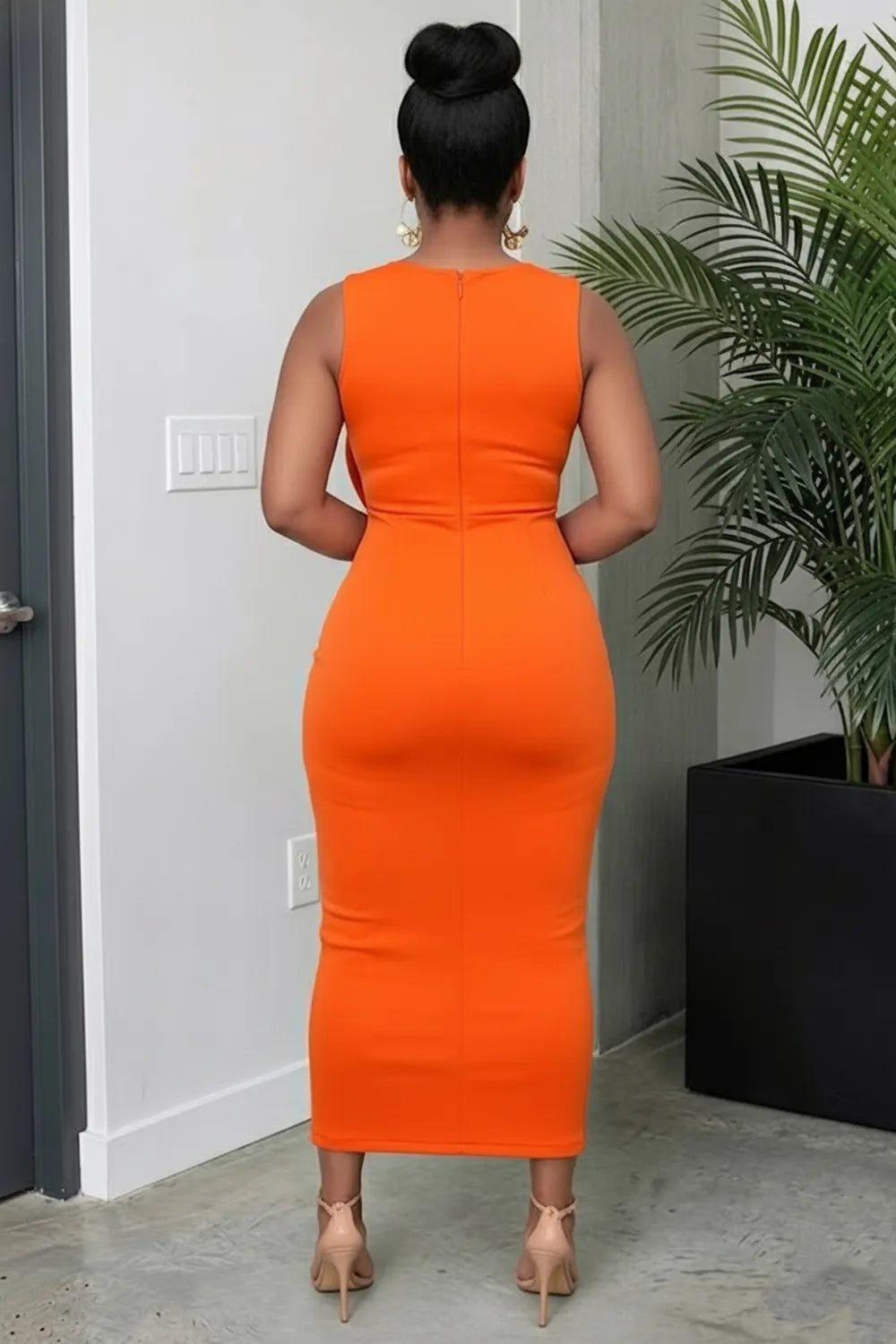 Round Neck Sleeveless 3D Flower Ruffle Trim Slim Formal Maxi Dresses-Orange