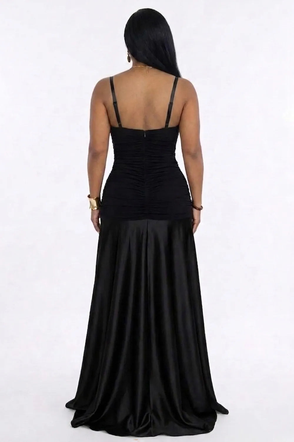 V Neck 3D Floral Ruched Mesh Satin Patchwork Gowns Maxi Dresses-Black