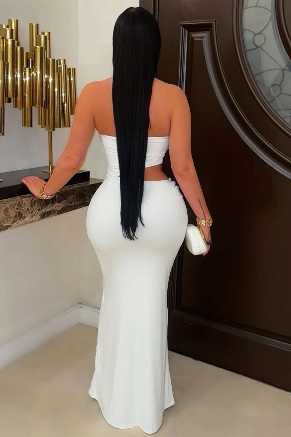 Strapless Waist Cut Out Bead Decor Ruched Fishtail Party Maxi Dresses-White