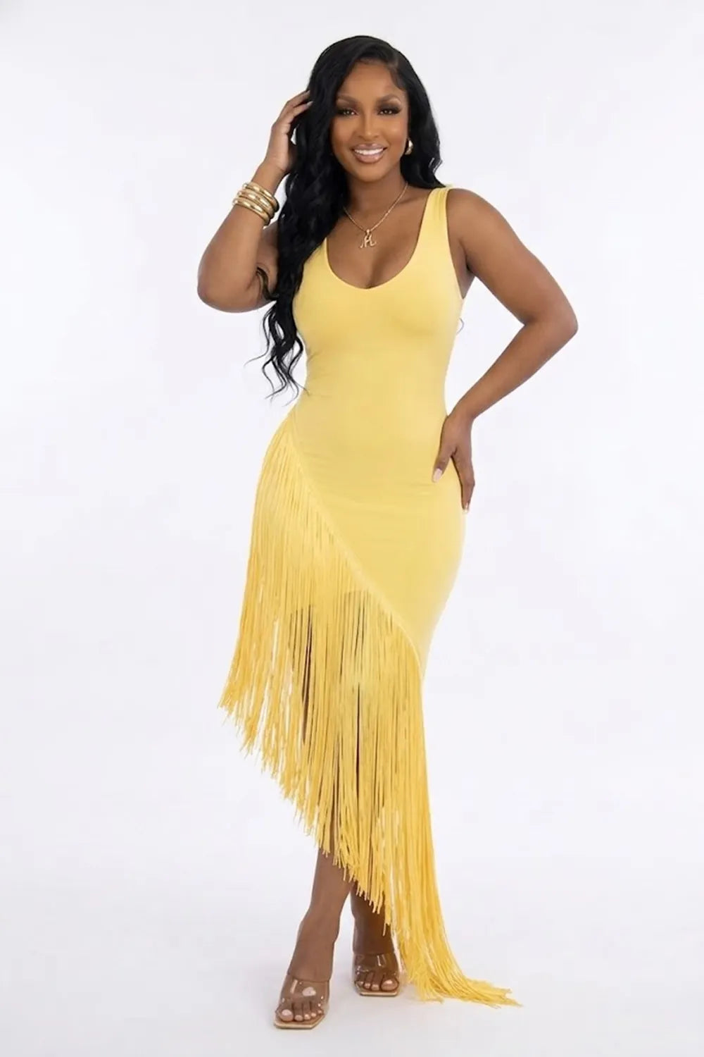Sleeveless U Neck Fringe Asymmetrical Hem Bodycon Party Maxi Dresses-Black