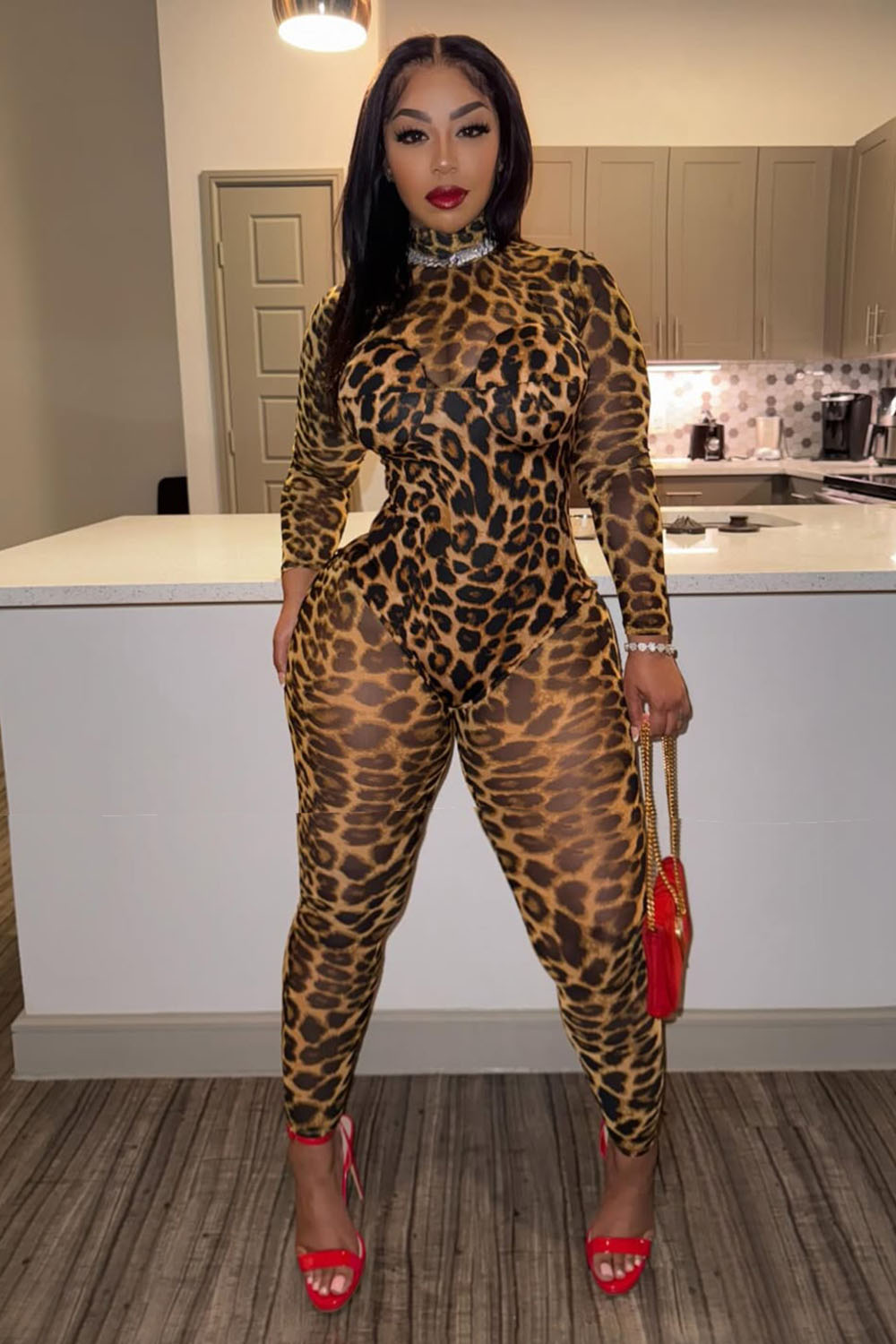 High Neck Leopard Print Semi-Sheer Bodycon Party Jumpsuit-Brown