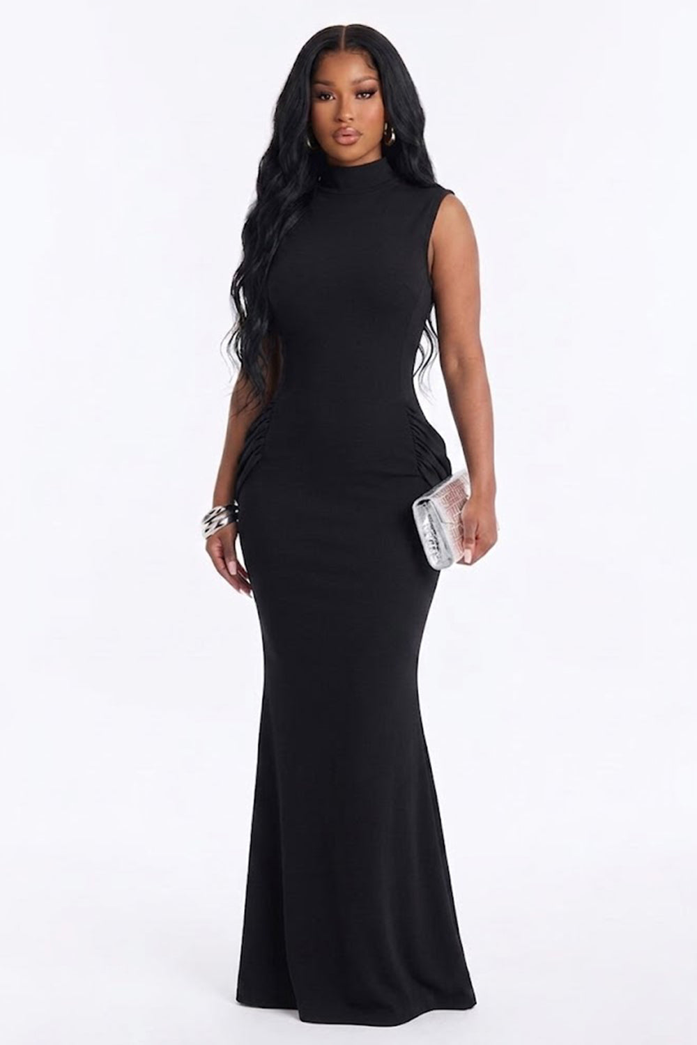 Mock Neck Sleeveless Side Ruched Backless Mermaid Gowns Maxi Dresses-Green