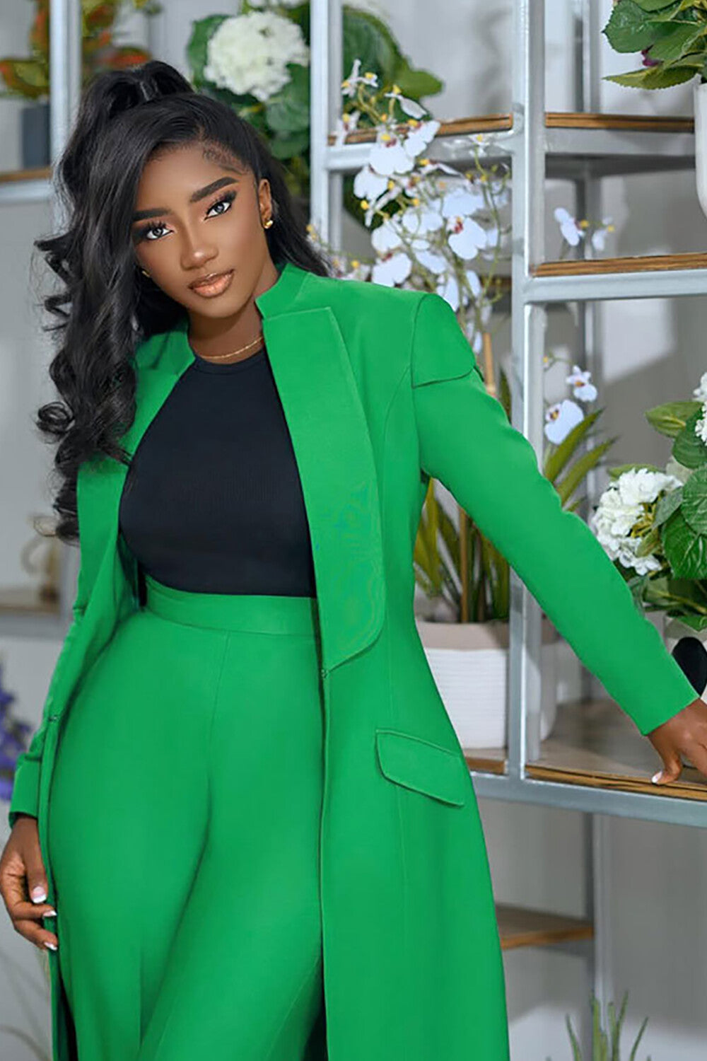 Collar Solid Color Long Blazer High Waist Pants 2pcs Set-Green