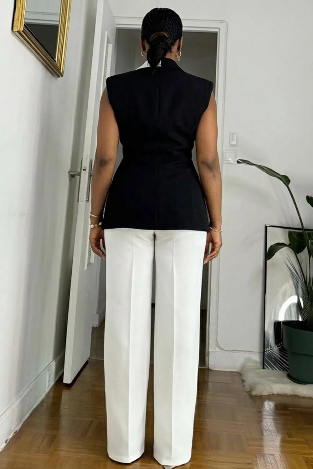 Deep V Neck Sleeveless Top Wide Leg Pants Casual 2pcs Set-White