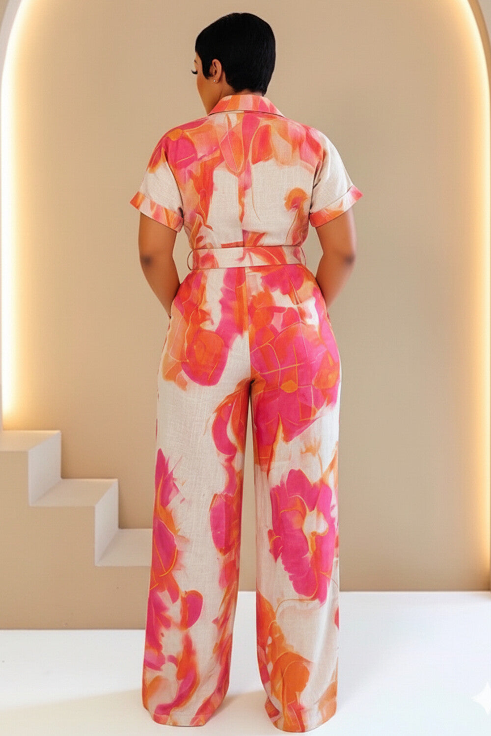 Deep V Neck Watercolor Floral Wide Leg Linen Jumpsuit