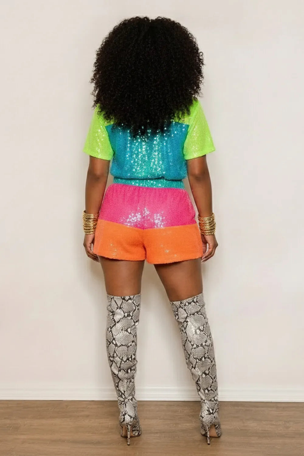 Sequin Colorblock Letter Pattern Crop T-Shirt Shorts 2pcs Set