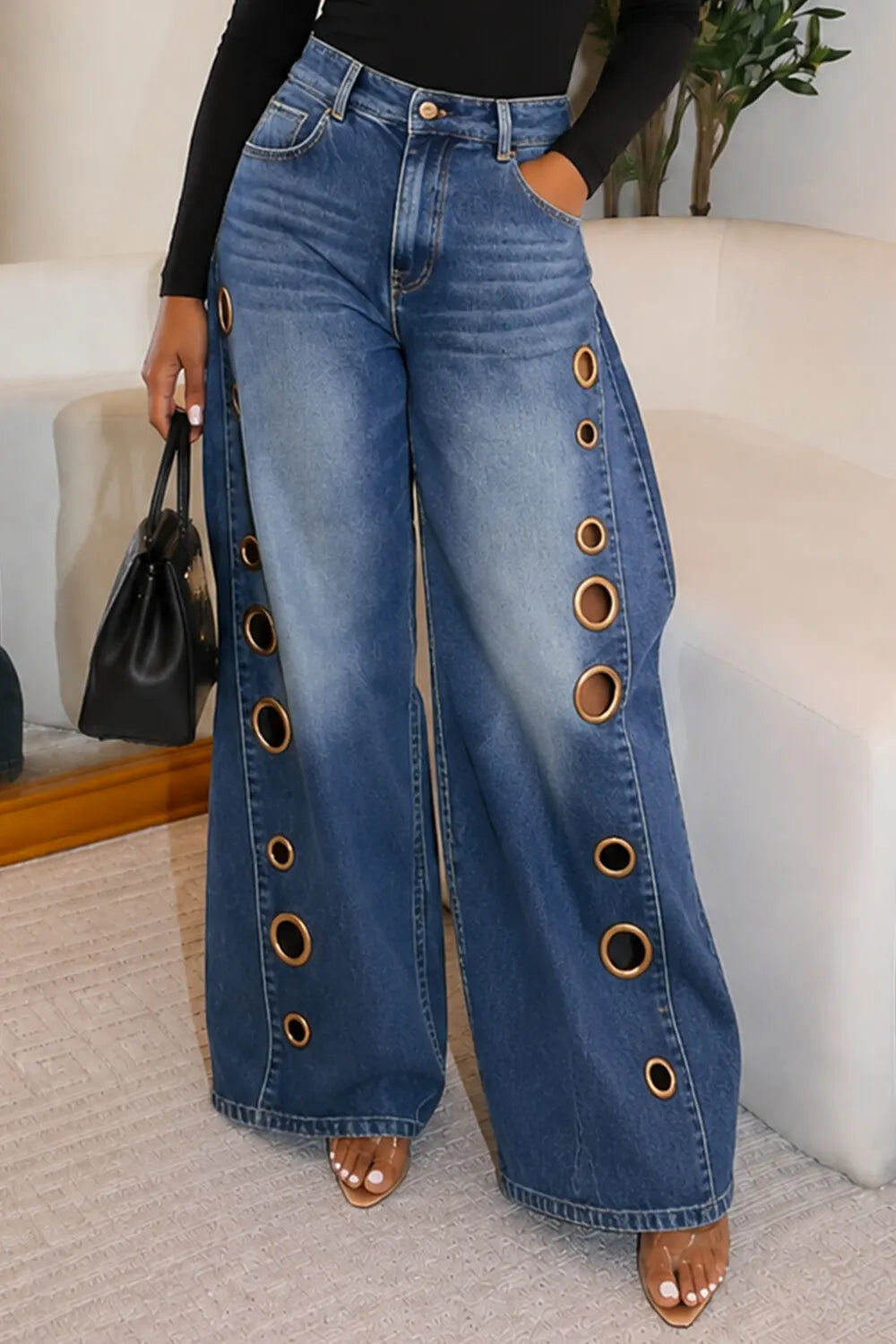 Denim Metal Eyelet Hollow Out Loose Fit Wide Leg Casual Jeans-Blue
