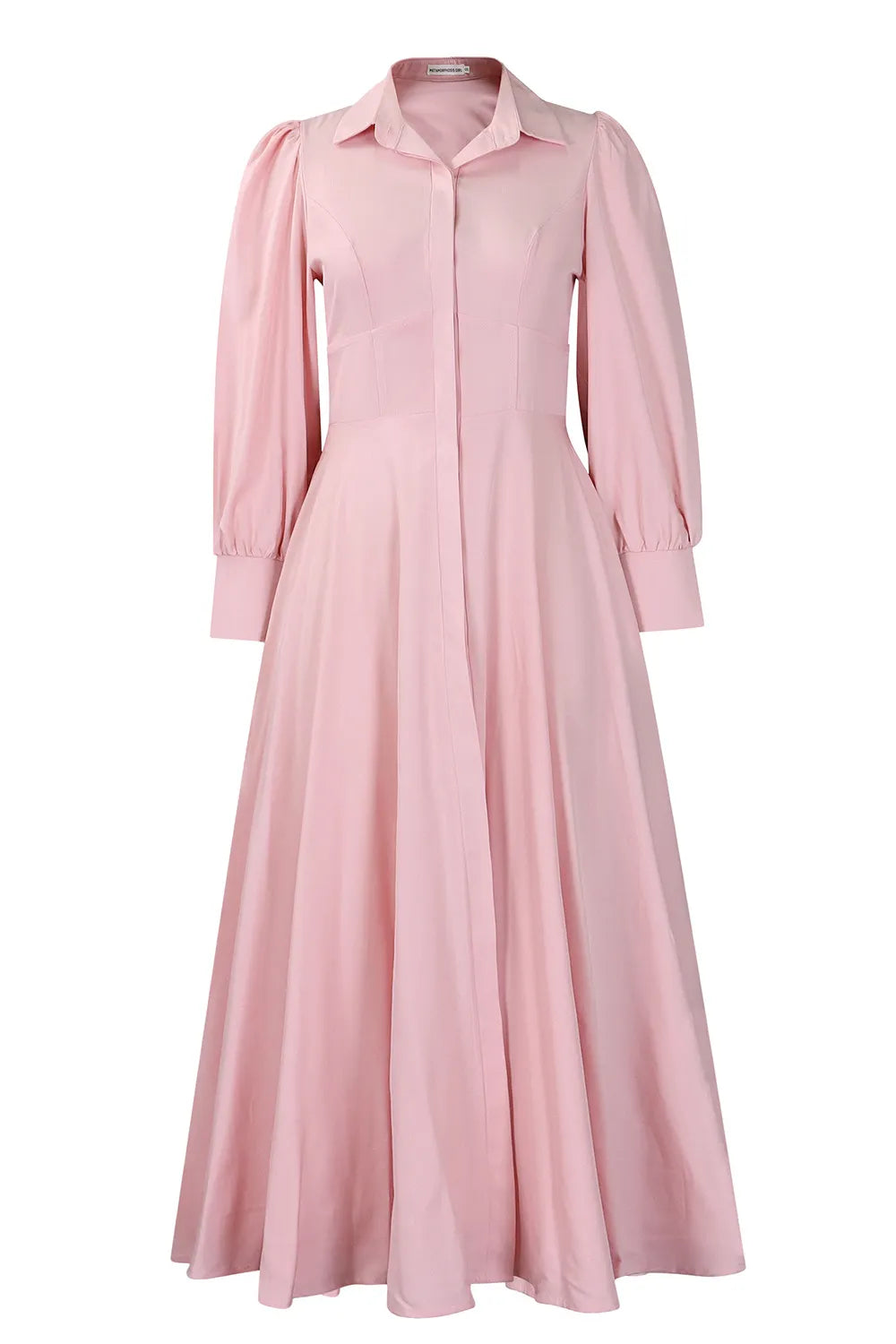 Collar Long Sleeve Cinch Waist Solid Color Maxi Shirt Dresses-Pink