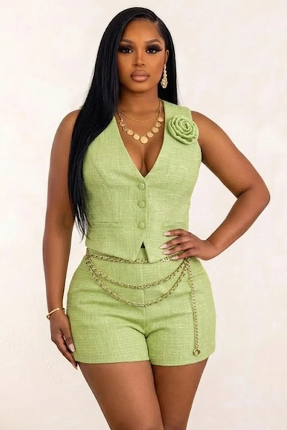 V Neck 3D Floral Single Breasted Vest Waist Chain Shorts 2pcs Set-Green