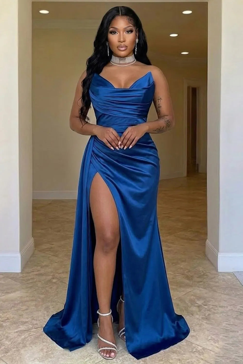Strapless Draped Cinch Waist High Slit Satin Evening Gowns Maxi Dresses-Champagne