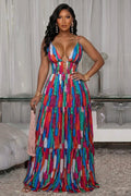Colorblock Deep V Neck Cinch Waist Vacation Maxi Dresses