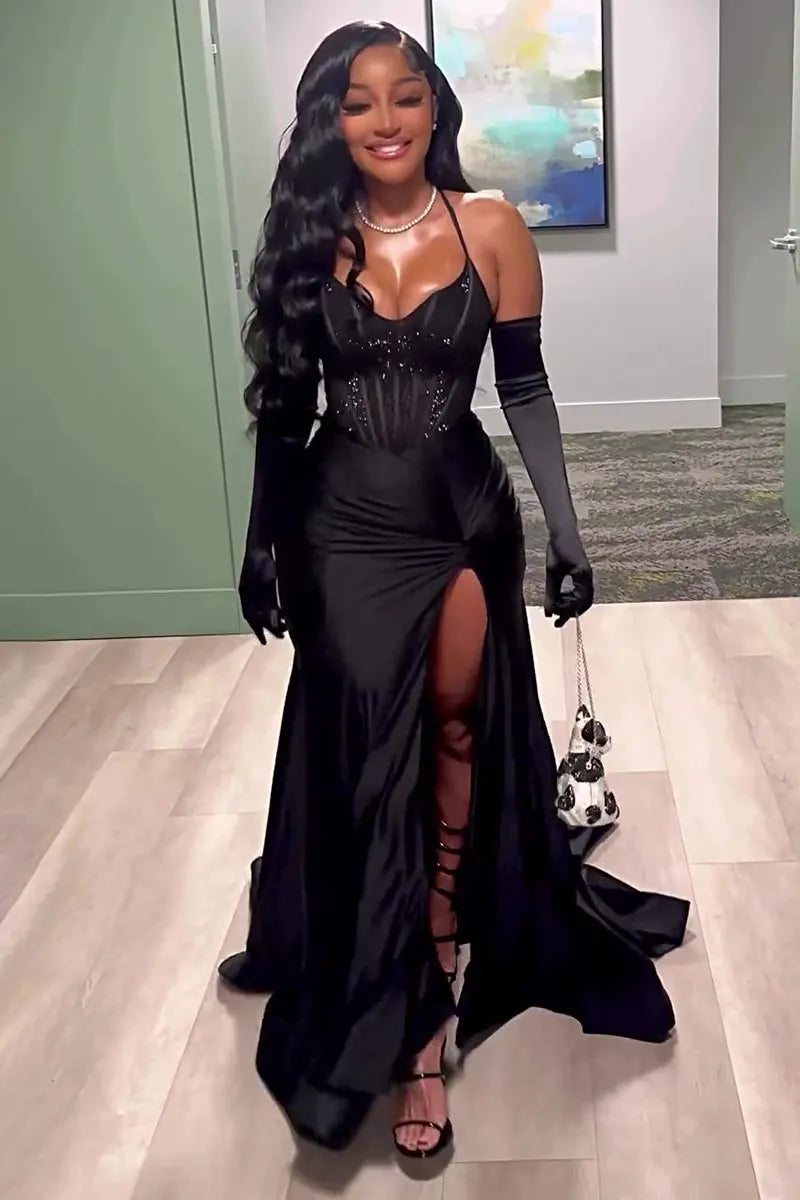Black High Slit Mermaid Maxi Dress with Halter Neck and Corset Detail