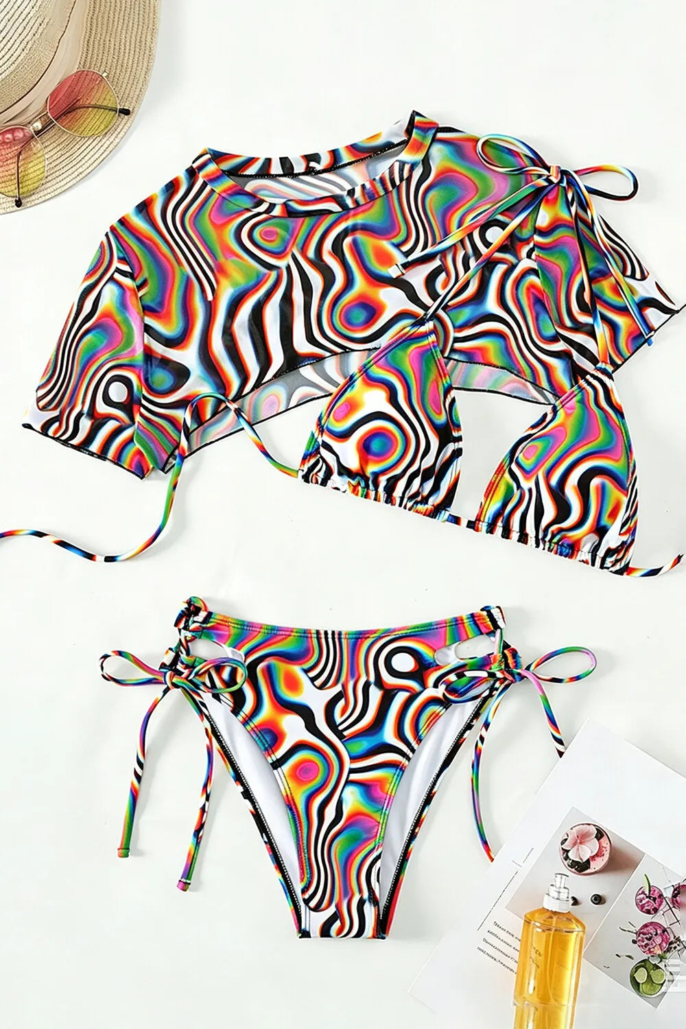 Abstract Print Round Neck Short Sleeve Crop Top Bikini 3pcs Set