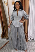 Turndown Collar Zipper Top Fringed Pants Casual 2pcs Set-Gray
