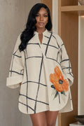 Stripe Floral Split Neck Loose Fit Casual Mini Dresses-Beige