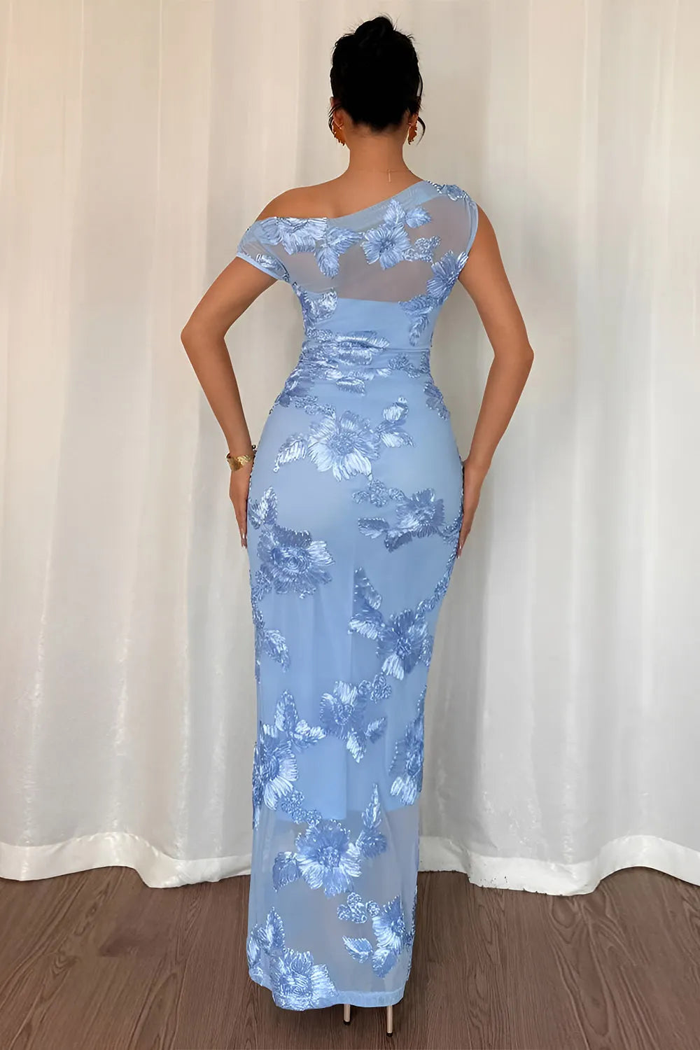 One Shoulder Floral Pattern Mesh Patchwork Slim Fit Gowns Maxi Dresses-Blue