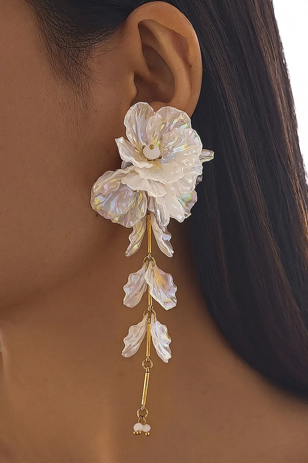 Elegant Beaded Plastic 3D Petal Flower Drop Earrings