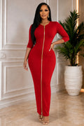 Solid Color Half Sleeve Zipper Bodycon Casual Maxi Dresses-Red