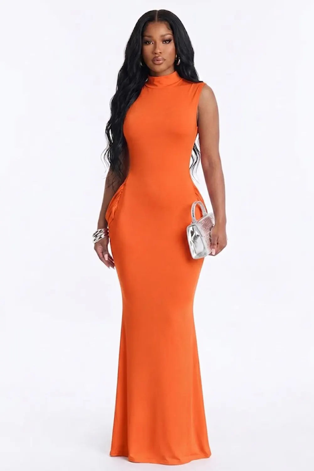 Mock Neck Sleeveless Side Ruched Backless Mermaid Gowns Maxi Dresses-Green
