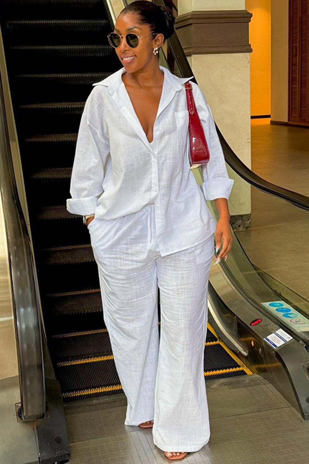 Patch Pocket  Collar Long Sleeve Shirt Wide Leg Pants 2pcs Set-White