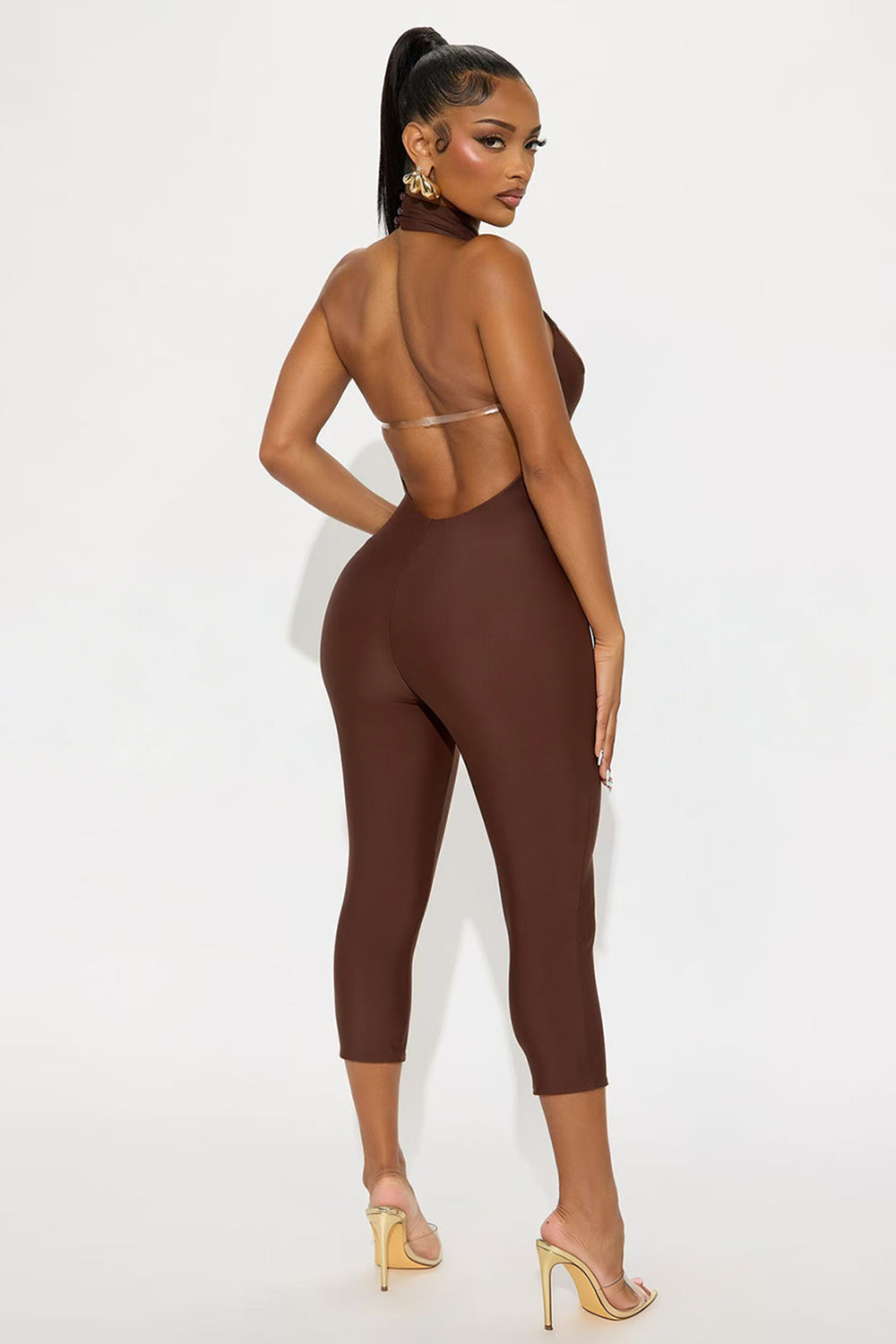 Halter Backless Cinch Waist Bodycon Solid Color Capris Casual Jumpsuit-Black