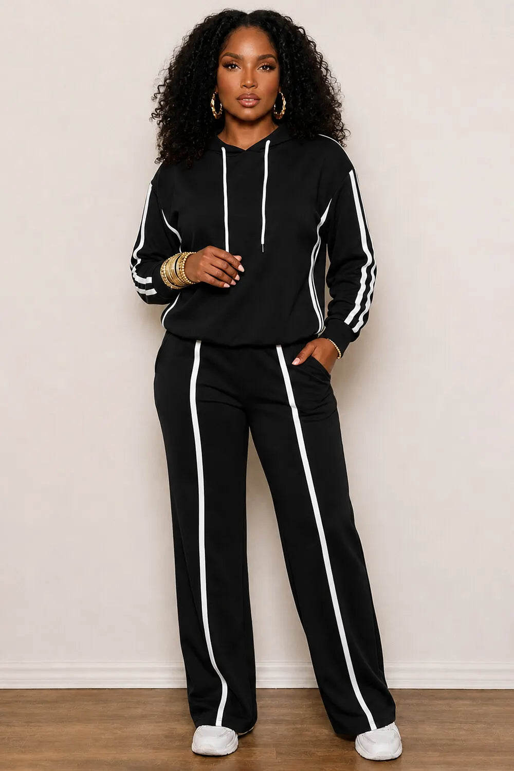 Contrast Piping Hoodies Straight Leg Pants Casual 2pcs Set-Orange