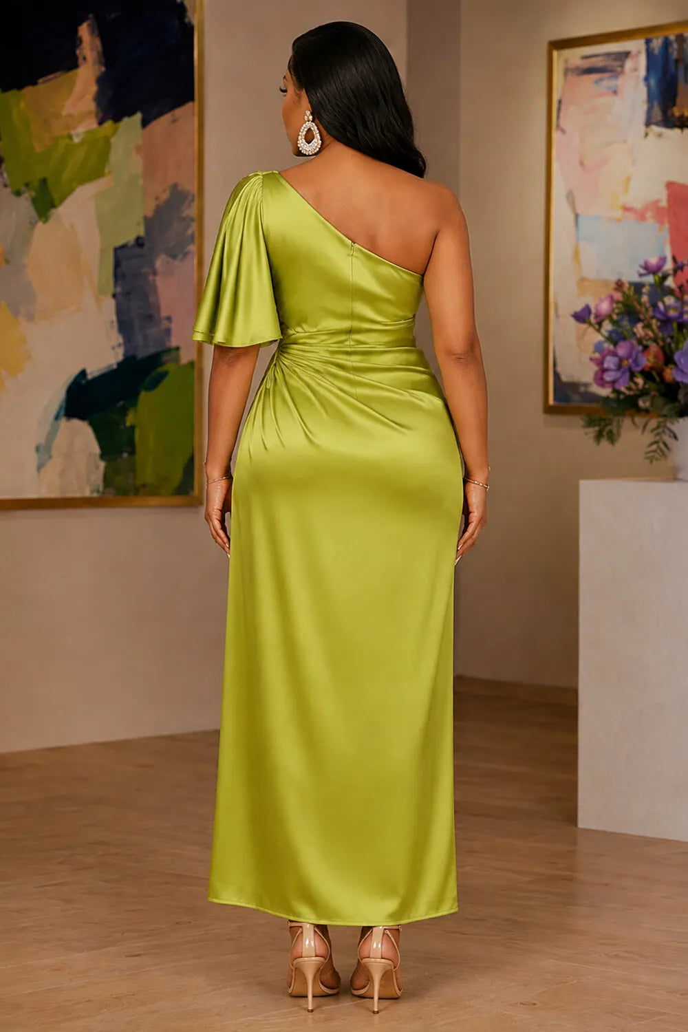 Floral Print Oblique Collar Ruched Cinch Waist Maxi Dresses-Green