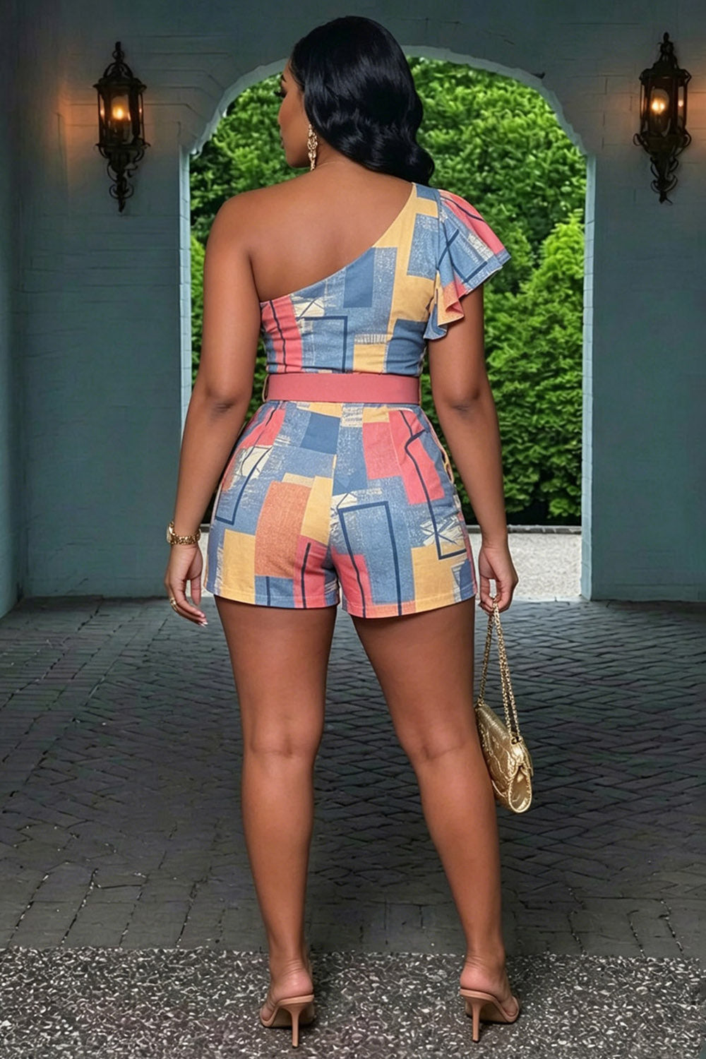 One Shoulder Ruffle Geometric Print Romper Playsuit