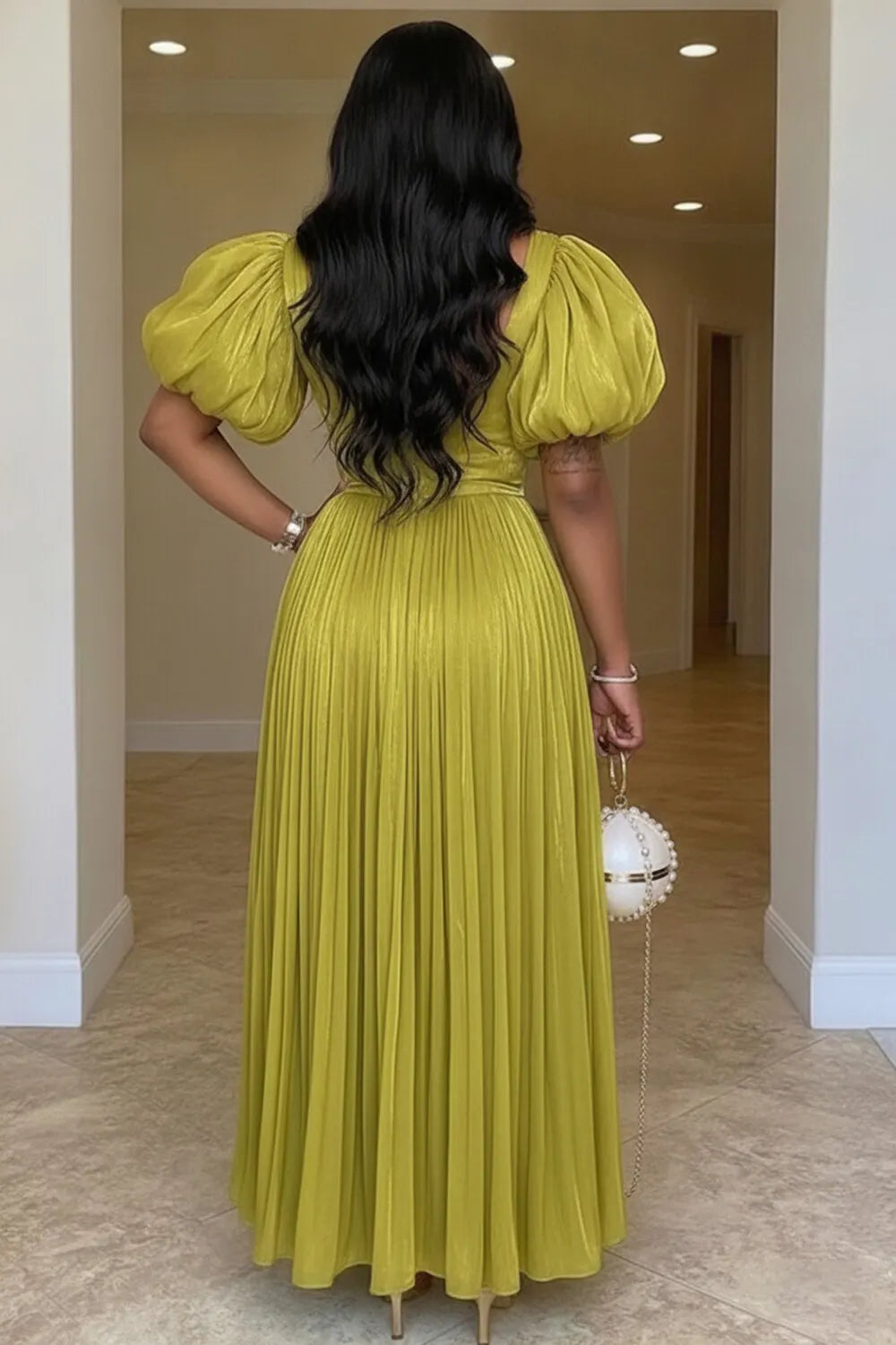 V Neck Puff Sleeve Cinch Waist Ruffle Gowns Maxi Dresses-Green
