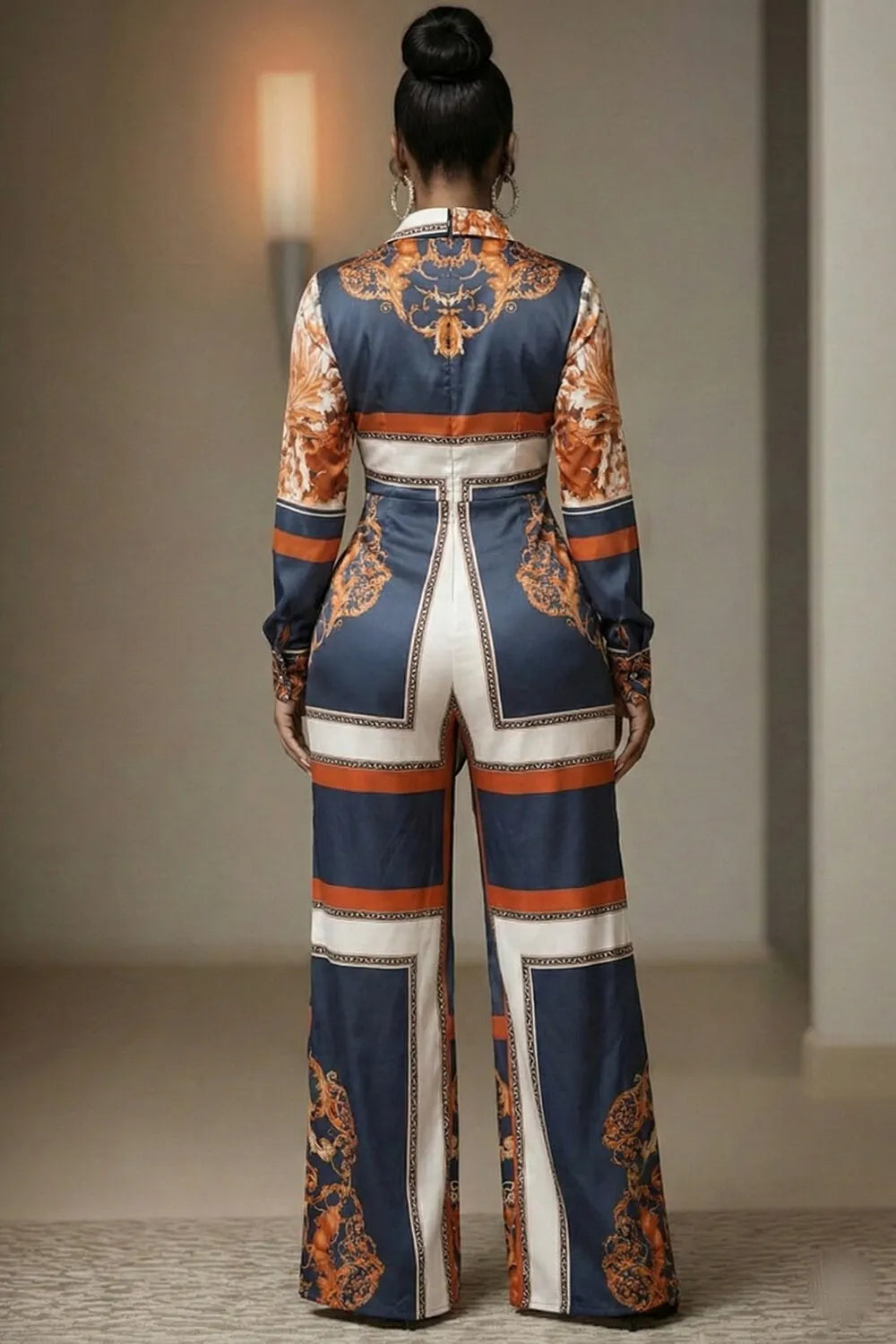 Long Sleeve Lace Up Wide Leg Floral Casual Jumpsuit