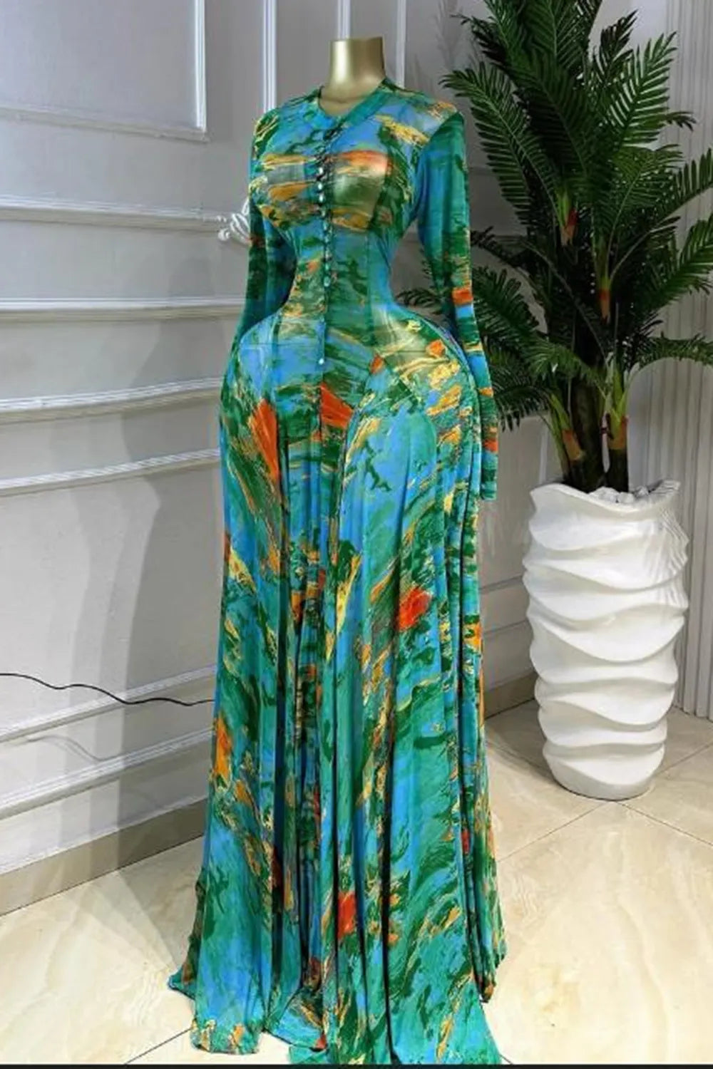 Round Neck Long Sleeve Pearl Decor All Over Print Vacation Maxi Dresses-Green