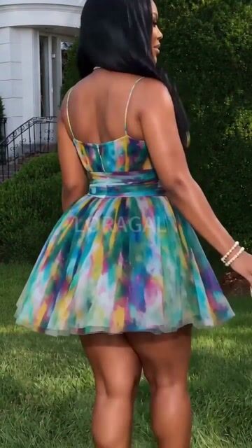 Cami Neck Cinch Waist Watercolor Print Mini Dresses