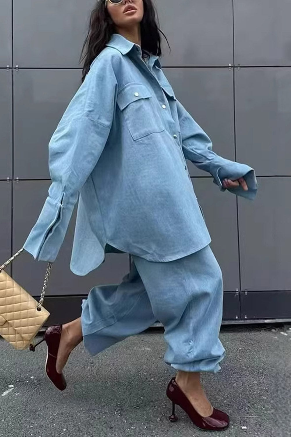 Denim  Collar Balloon Sleeve Long Top Pants Casual 2pcs Set-Blue