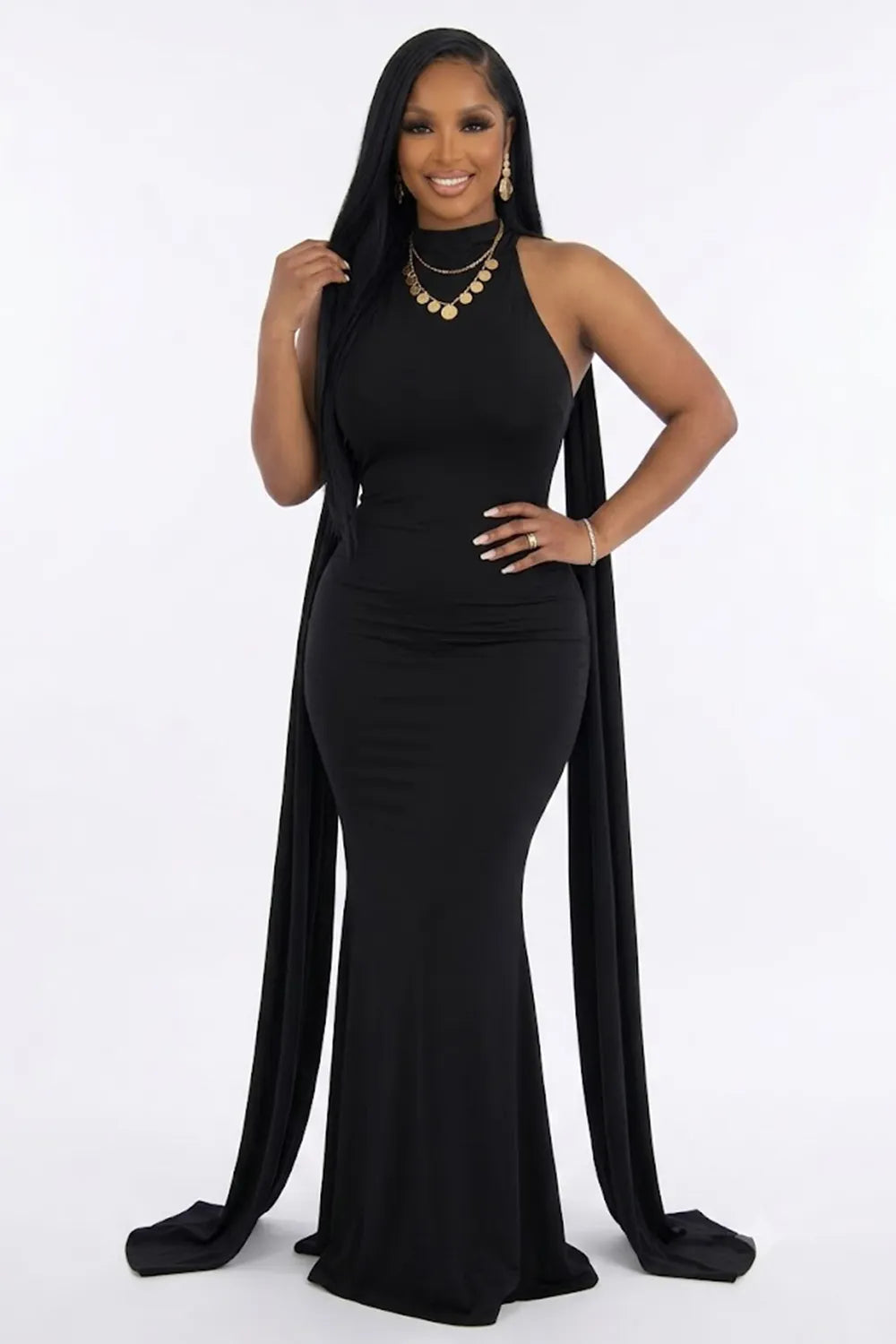 Mock Neck Long Streamer Slim Fit Mermaid Evening Gowns Maxi Dresses-Yellow