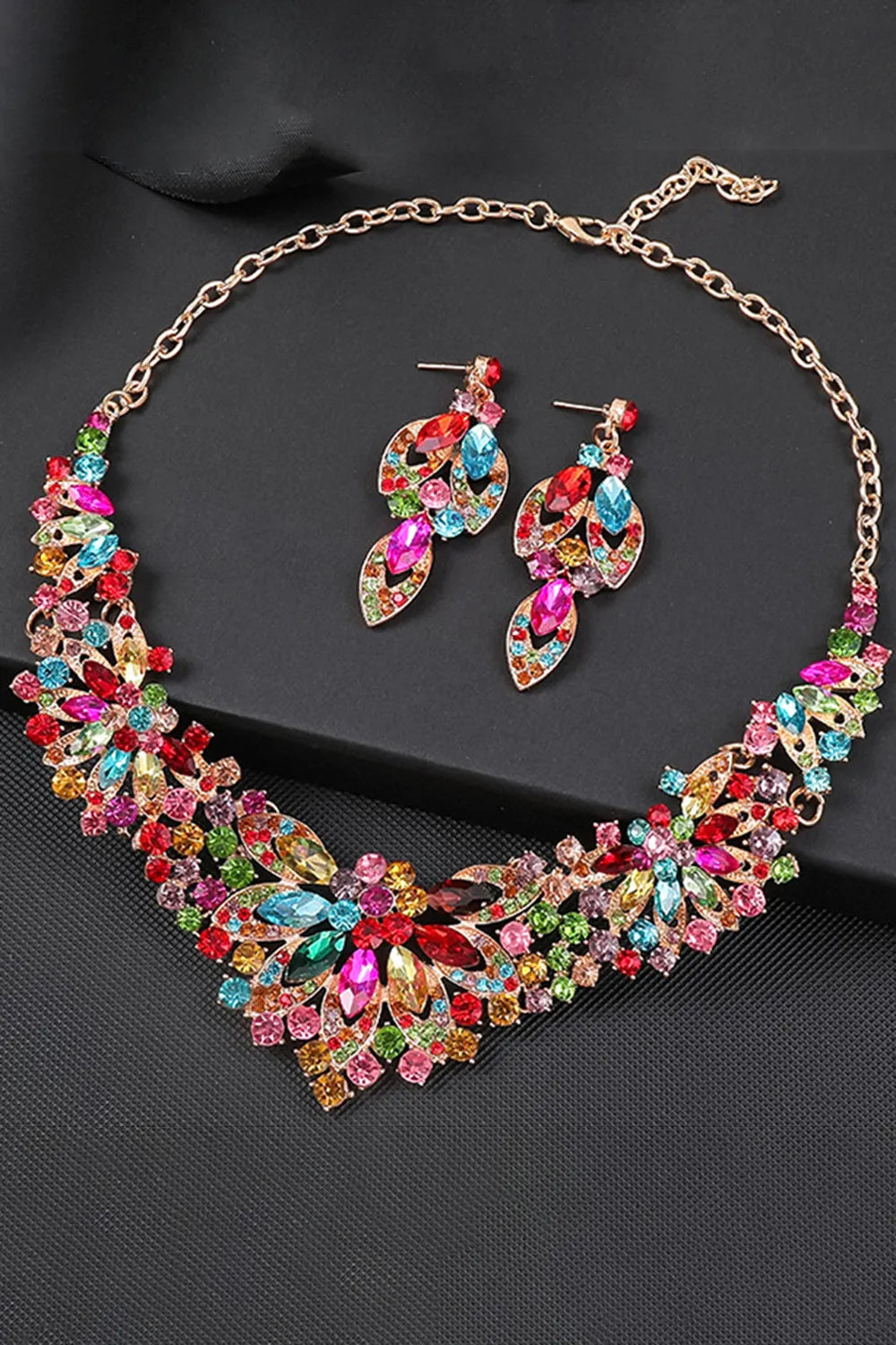 Elegant Floral Leaf Shaped Rhinestone Necklace Earrings Jewelry Set