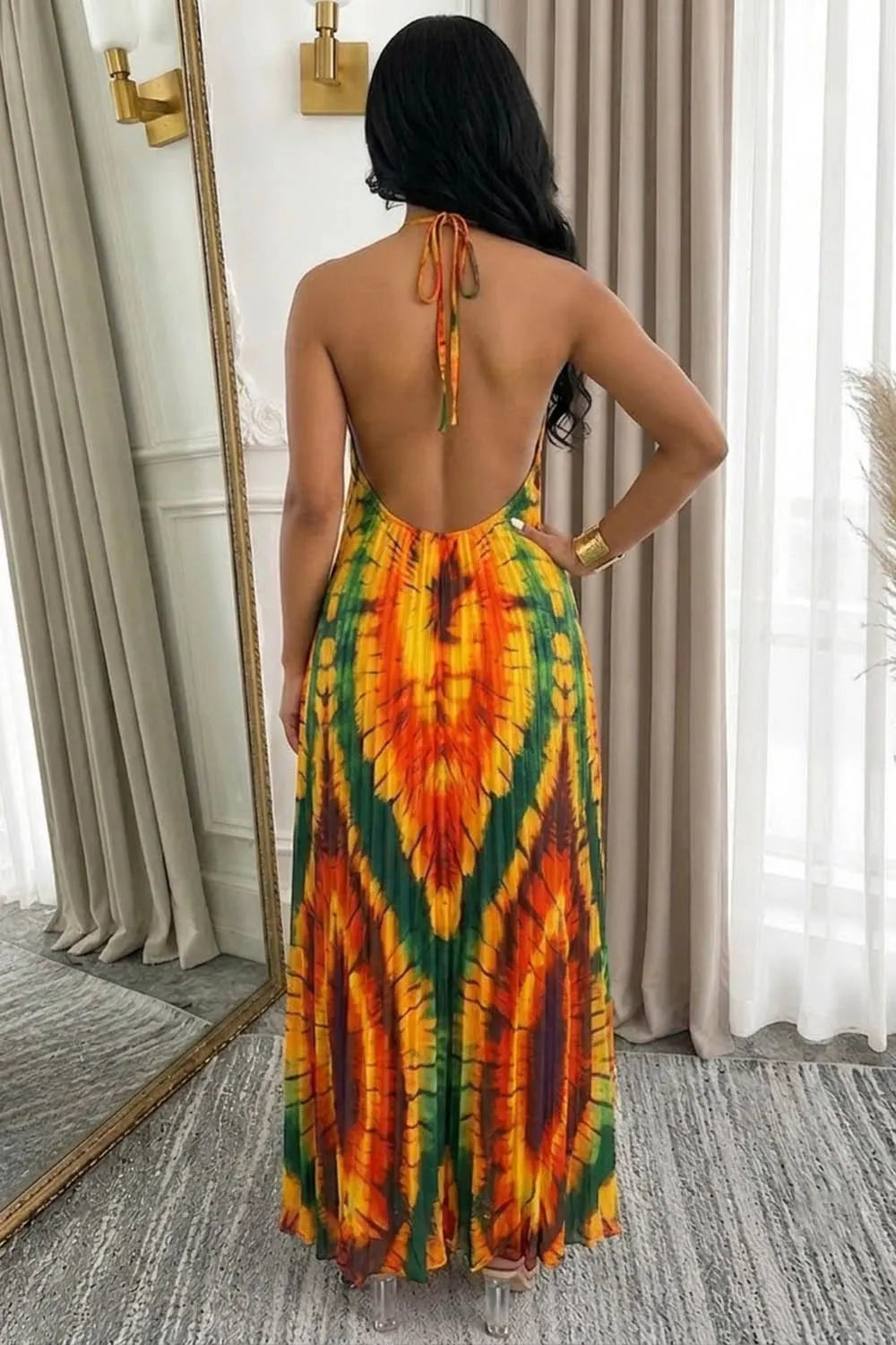 Colorblock Tie-Dye Print Backless Halter Neck Vacation Maxi Dresses-Yellow