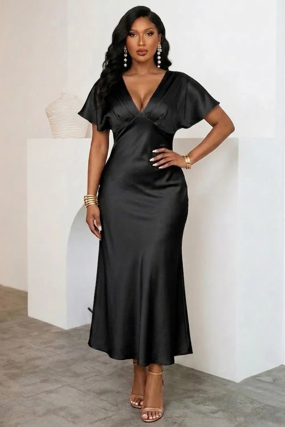 Solid Color V Neck Short Sleeve Cinch Waist Satin Midi Dresses-Blue
