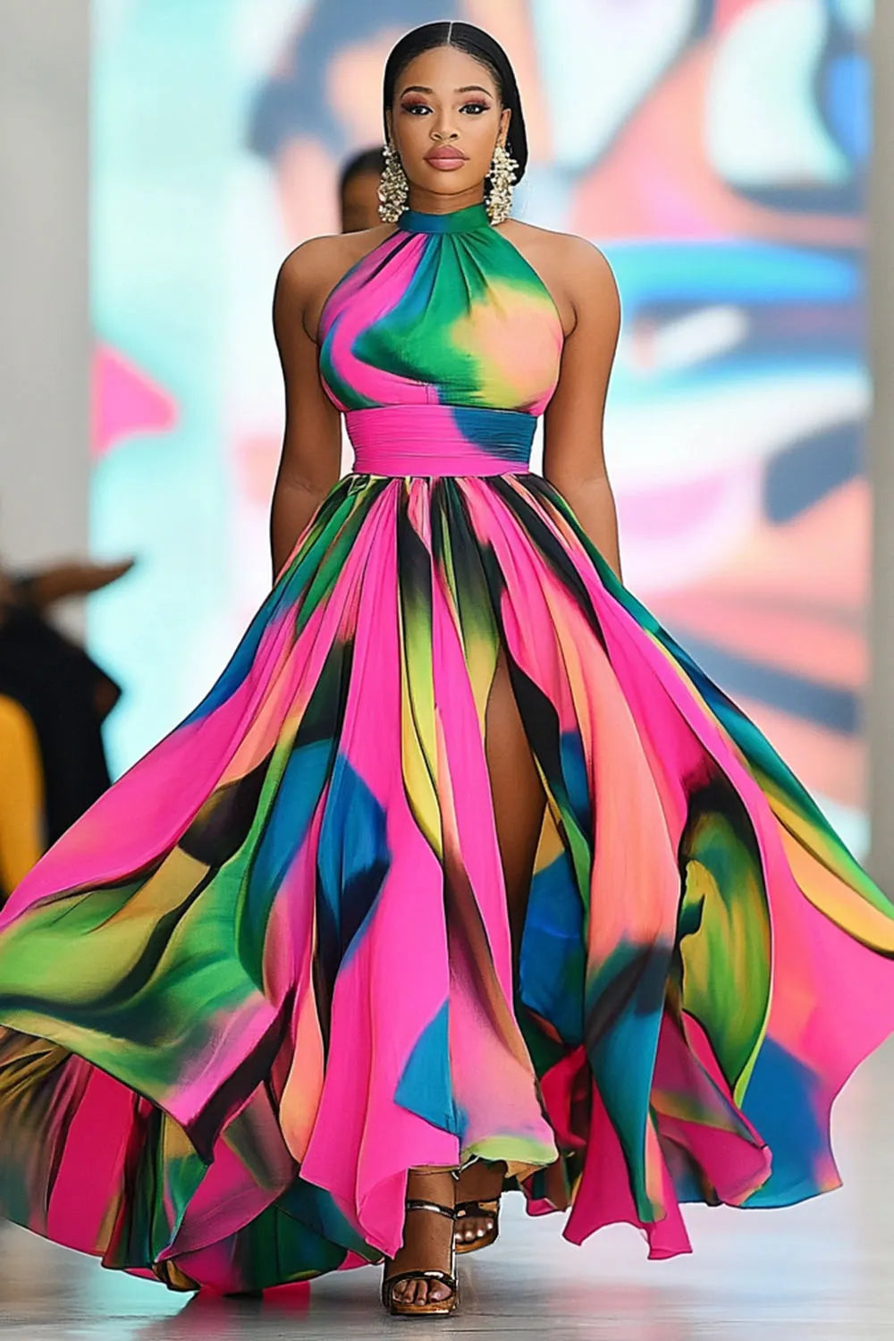 Halter Gathered Irregular Hem Print Party Maxi Dresses
