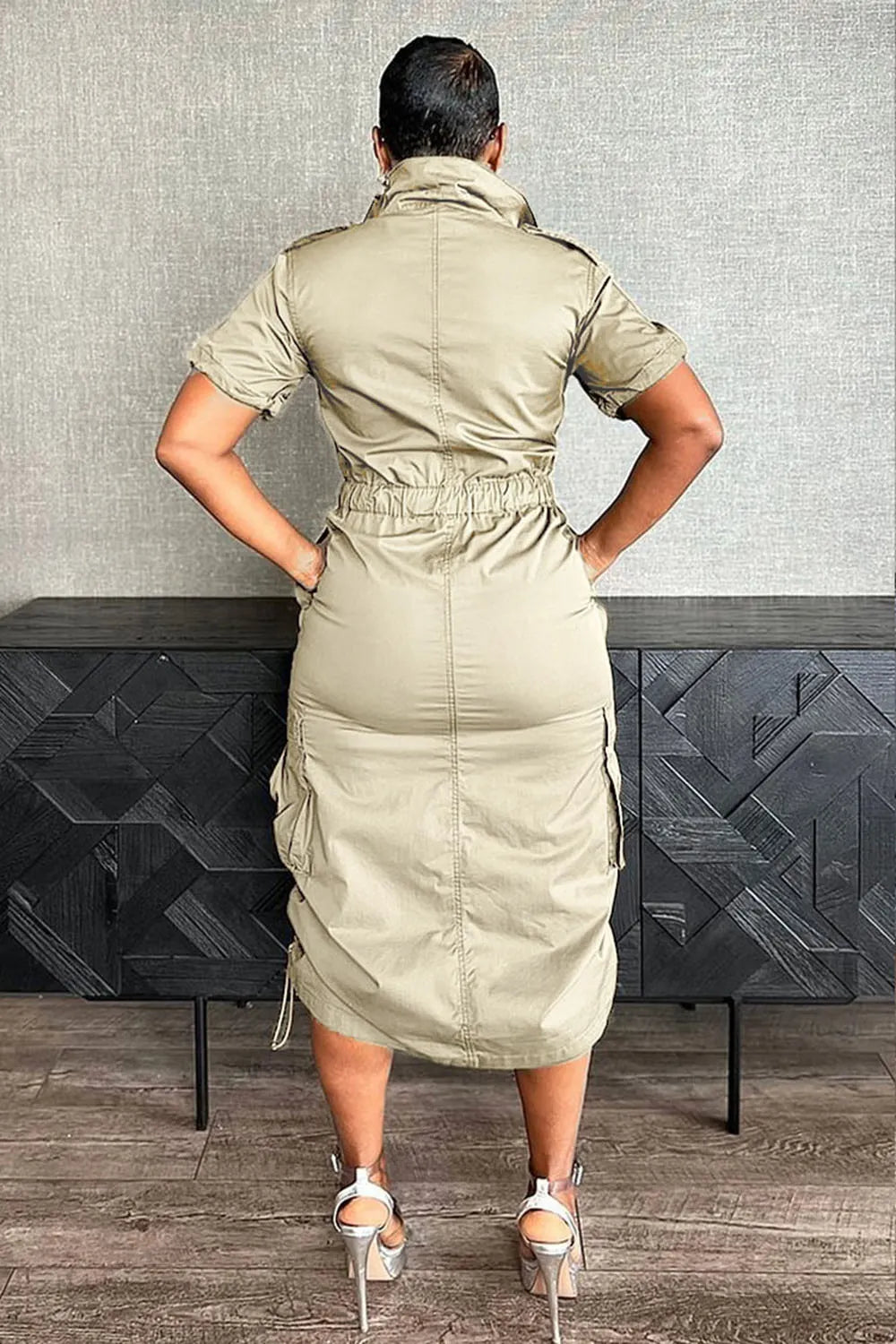 Stand Collar Zipper Drawstring Waist Pocket Midi Dresses-Green
