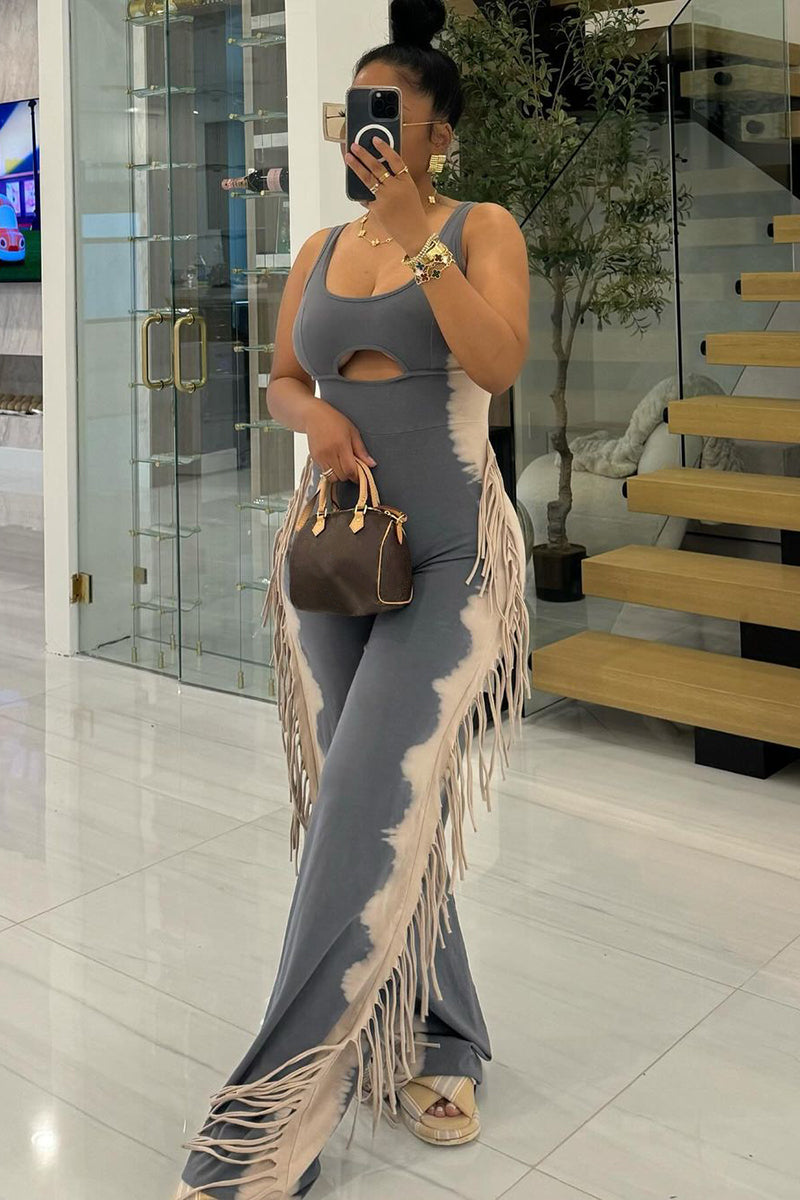 U Neck Cutout Wide Leg Side Fringed Sleeveless Jumpsuit-Gray