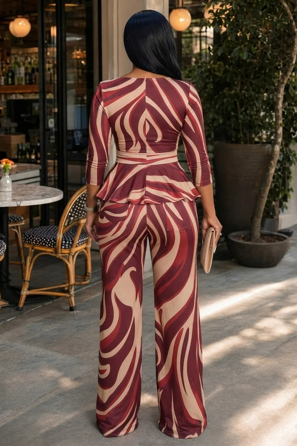 Swirl Print 3/4 Sleeve Top Wide Leg Pants 2pcs Set-Burgundy