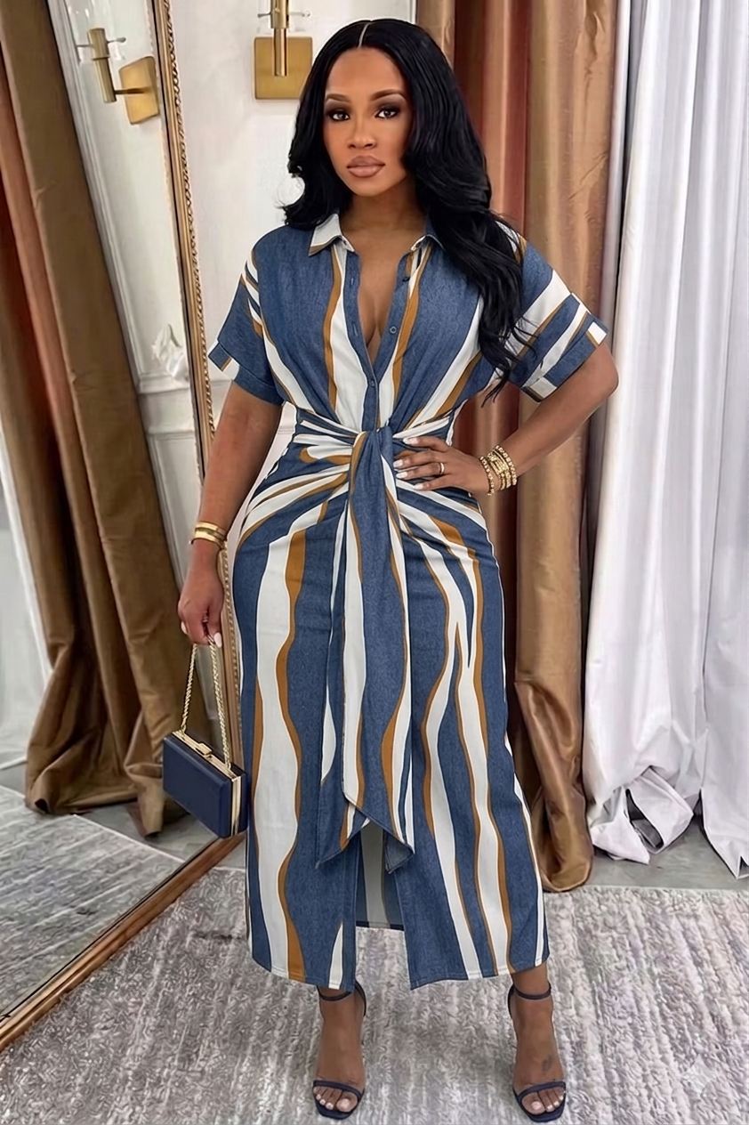 Collar Short Sleeve Ruched Sash Casual Maxi Dresses-Blue
