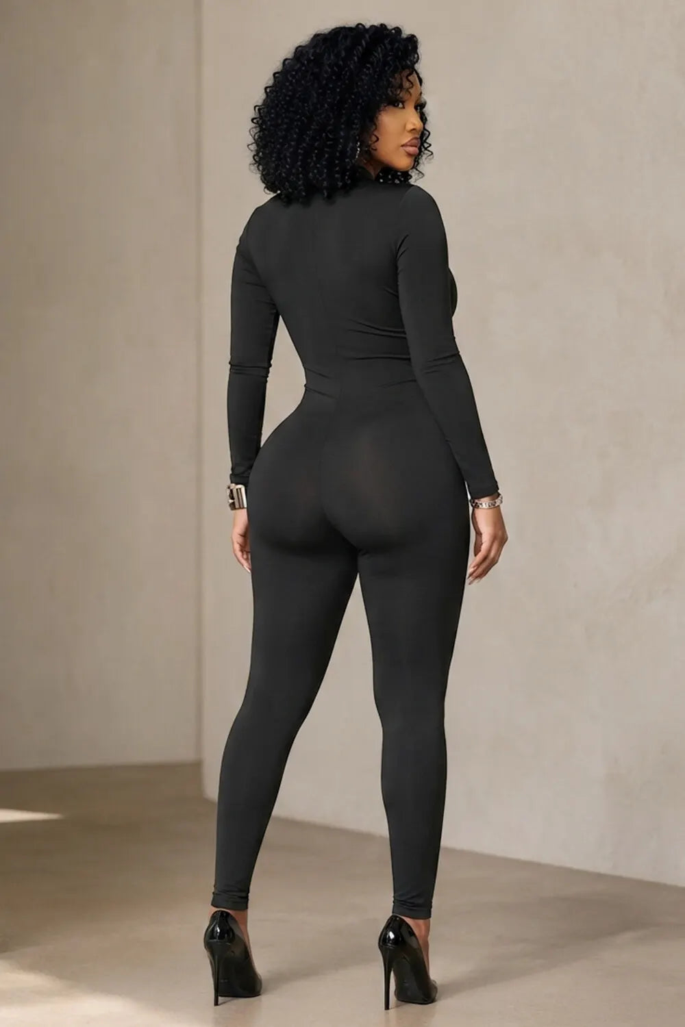 Round Neck Long Sleeve Ripped Slim Fit Casual Jumpsuit-Black