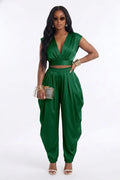 Solid Color Backless Deep V Neck Crop Top Ruched Pants 2pcs Set-Green