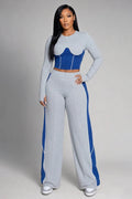 Contrast Round Neck Top Wide Leg Pants Casual 2pcs Set-Gray